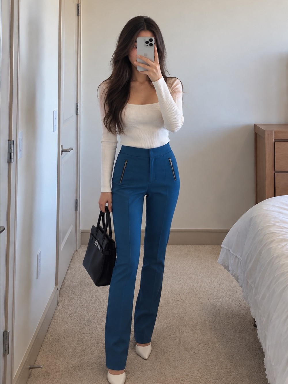 High-Rise Slim Straight Blue Dress Pants